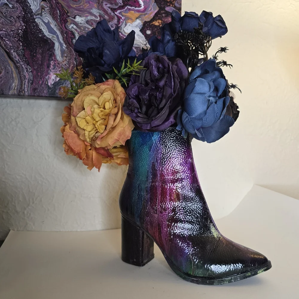 HANDCRAFTED Upcycled Leather Boot Vase Artwork HANDPAINTED Tabletop Art Decoe